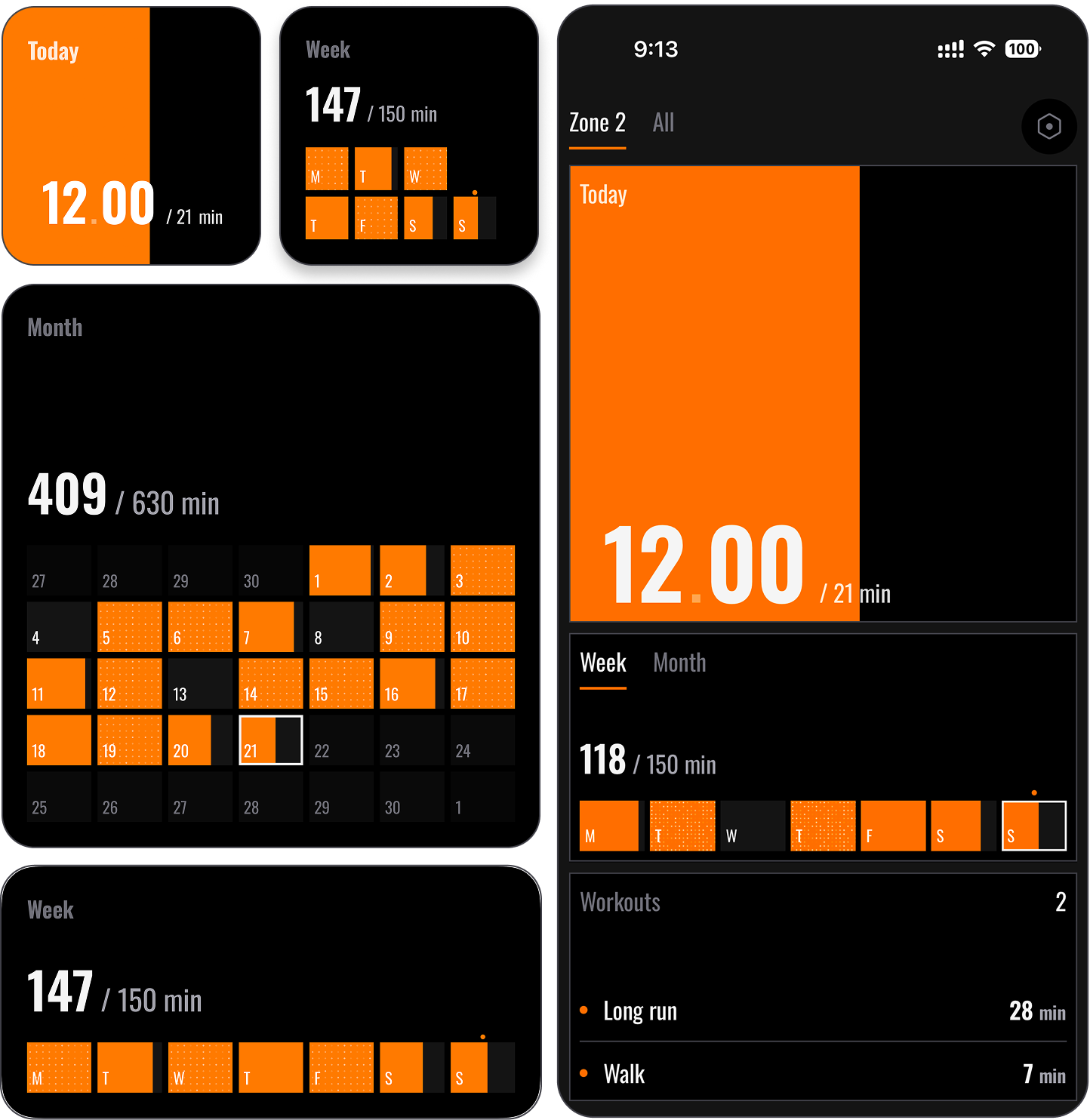 Zone Two — the iOS app's Today + Week view next to its home-screen widgets